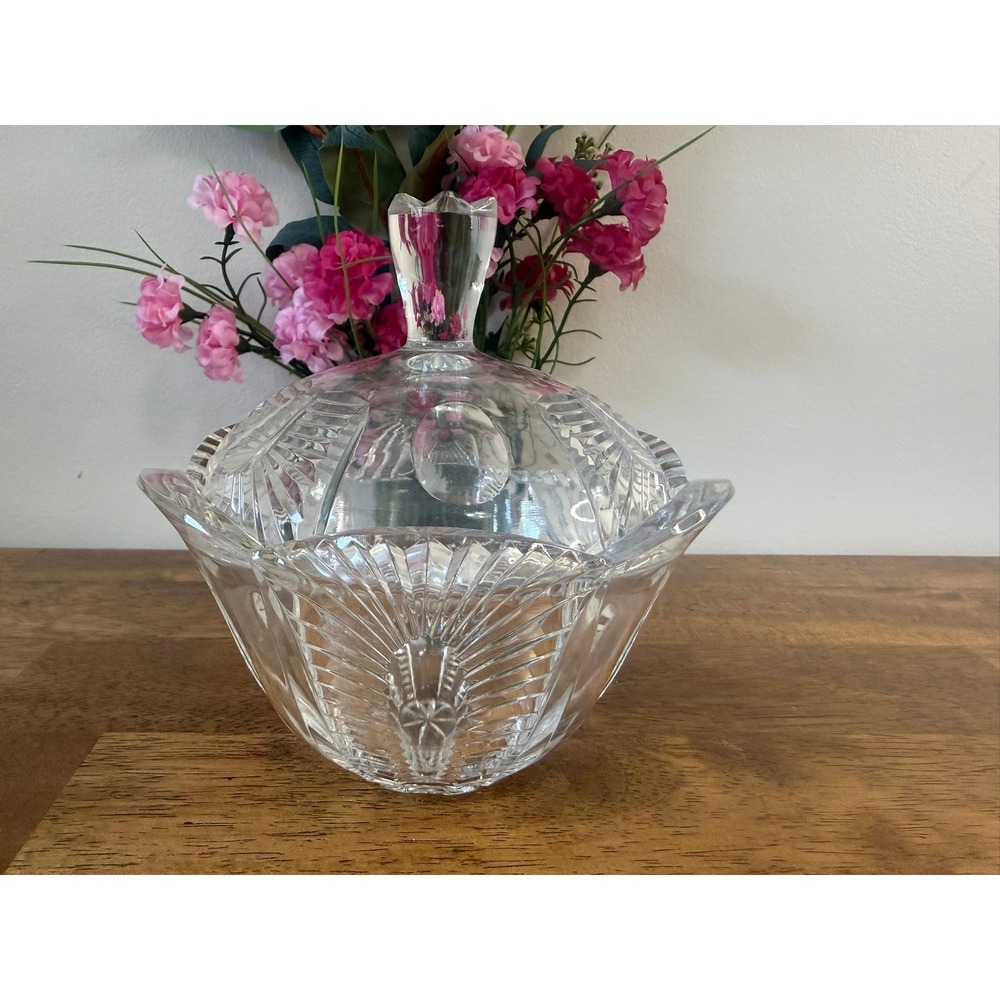 Vintage Art Deco Crystal Candy Dish Covered Bowl Geometric Pressed Glass Retro